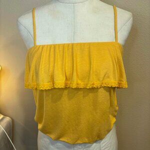 American Eagle Women's Yellow Ruffle Off Shoulder Crop Top Medium